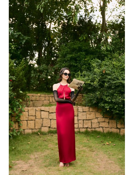 Glam Red Halter Neck Evening Gown