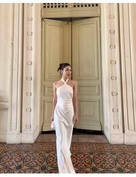 Elegant Cross-Halter Satin Evening Gown