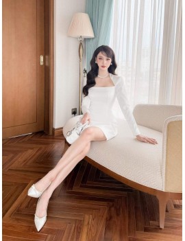 Elegant Long-Sleeve Fit-and-Flare White Dress