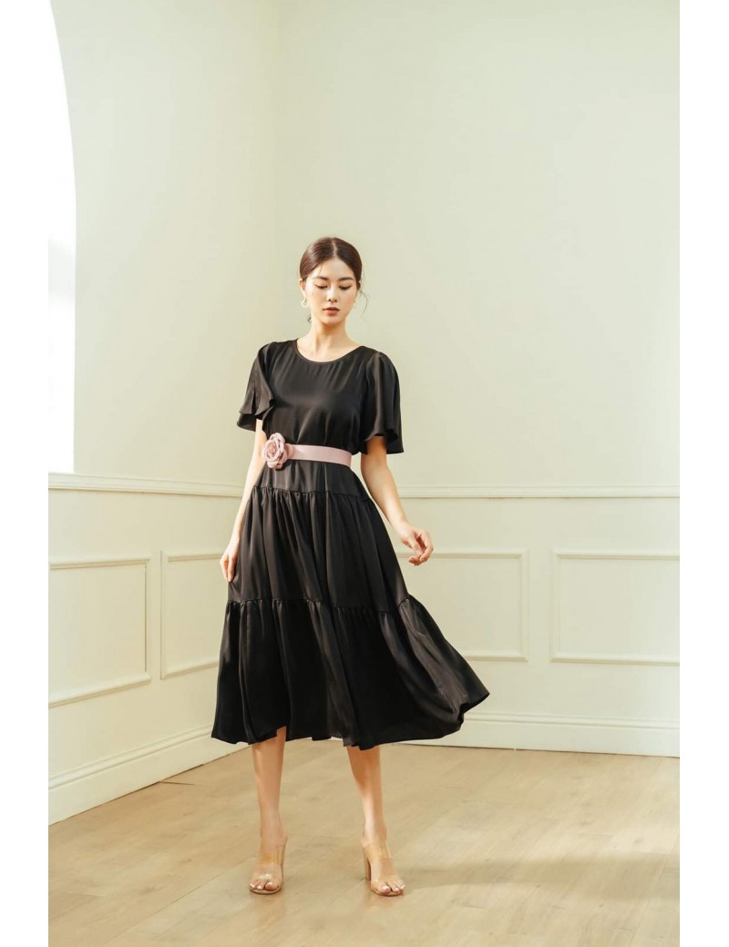Romantic Tiered Black Midi Dress with Floral Belt