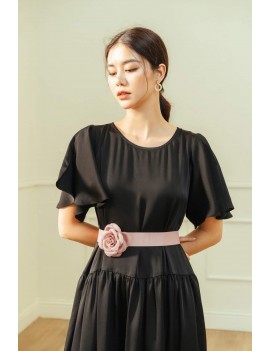 Romantic Tiered Black Midi Dress with Floral Belt
