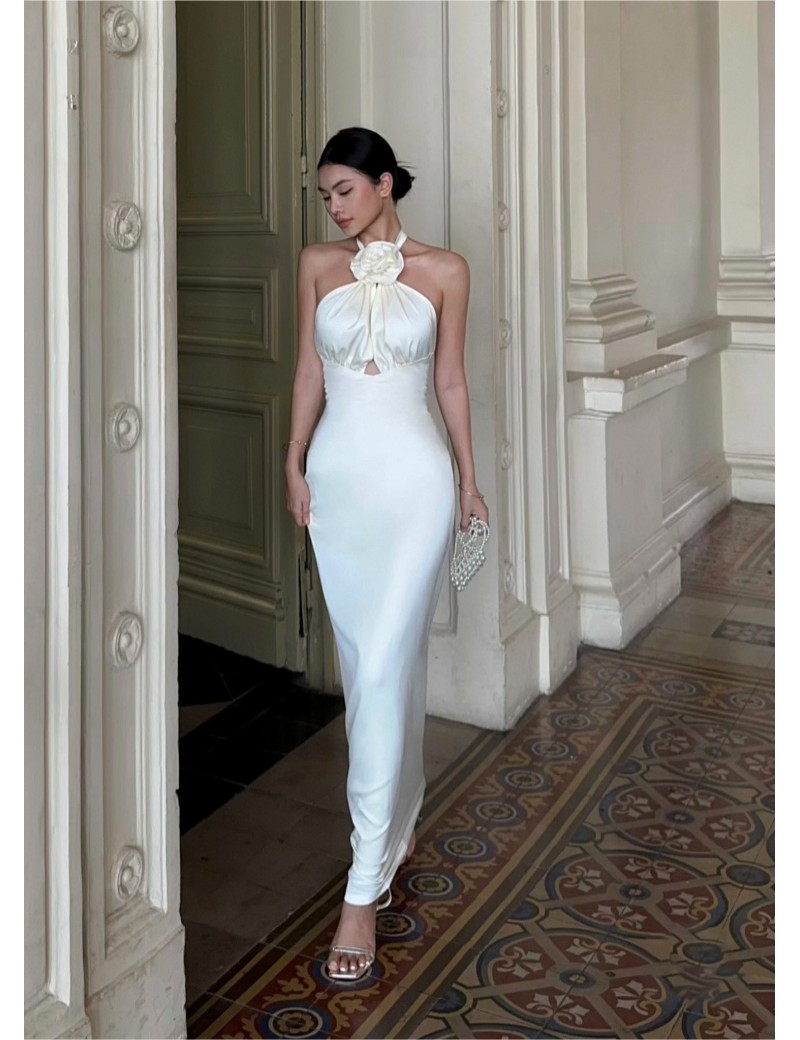 Romantic Floral Halter White Evening Gown
