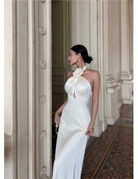 Romantic Floral Halter White Evening Gown