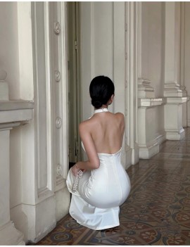 Romantic Floral Halter White Evening Gown