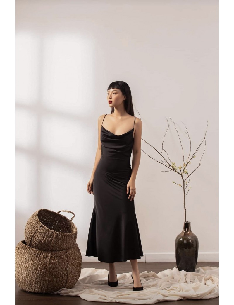 Elegant Black Satin Cowl Neck Midi Dress