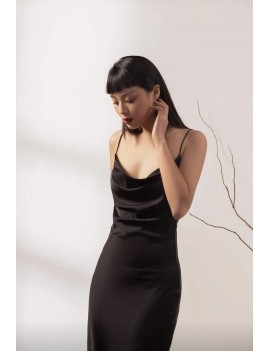 Elegant Black Satin Cowl Neck Midi Dress