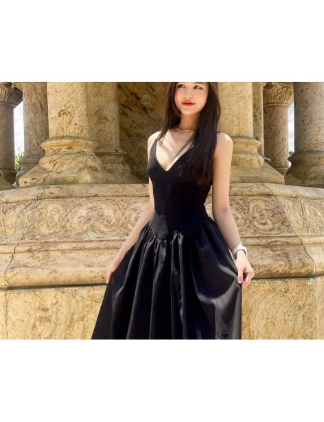 Elegant Black V-Neck Fit-and-Flare Midi Dress