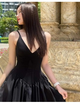 Elegant Black V-Neck Fit-and-Flare Midi Dress