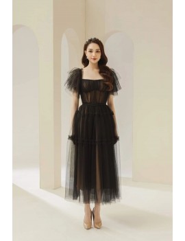 Romantic Off-Shoulder Black Tulle Midi Dress