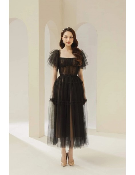 Romantic Off-Shoulder Black Tulle Midi Dress