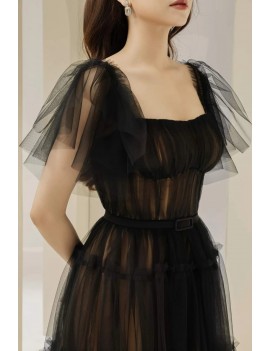 Romantic Off-Shoulder Black Tulle Midi Dress
