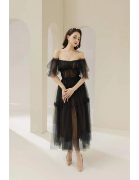 Romantic Off-Shoulder Black Tulle Midi Dress