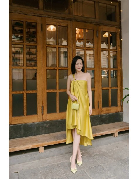 Modern Asymmetrical Draped Yellow Midi Dress
