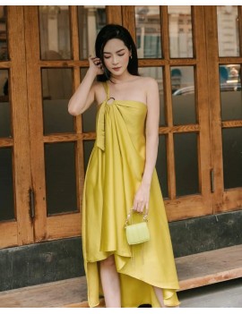 Modern Asymmetrical Draped Yellow Midi Dress