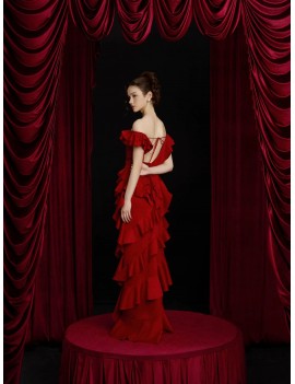 Romantic Ruffled Off-Shoulder High-Low Red Gown