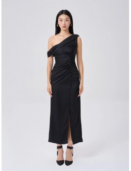 Modern One-Shoulder Ruched Black Midi Dress