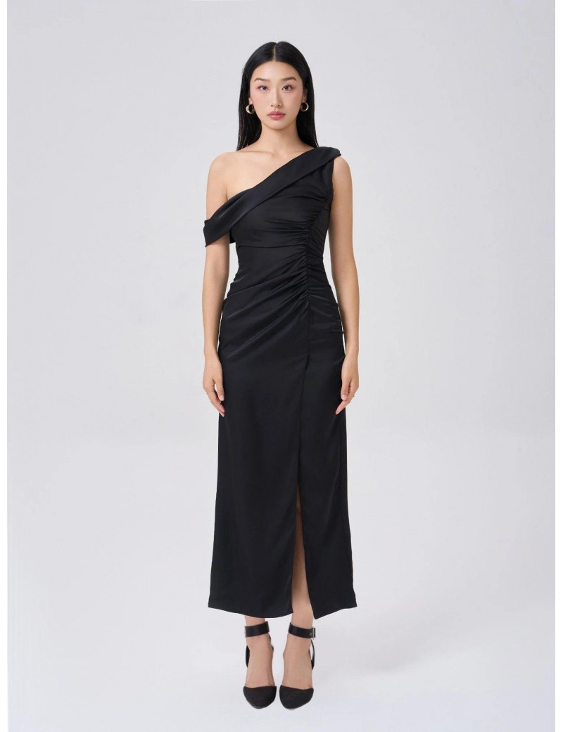 Modern One-Shoulder Ruched Black Midi Dress