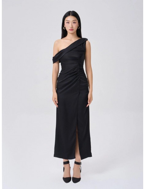 Modern One-Shoulder Ruched Black Midi Dress
