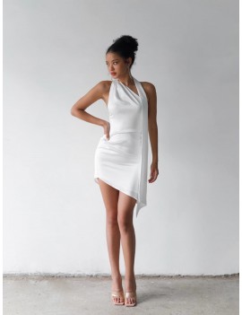 Modern One-Shoulder Scarf Neck White Mini Dress