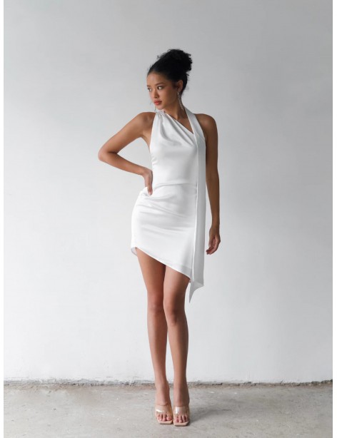 Modern One-Shoulder Scarf Neck White Mini Dress