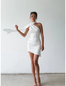 Modern One-Shoulder Scarf Neck White Mini Dress