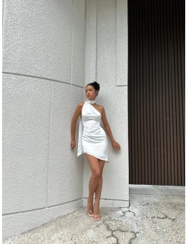 Modern One-Shoulder Scarf Neck White Mini Dress