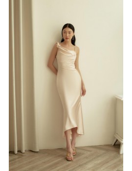 Elegant Asymmetrical Champagne Satin Midi Dress