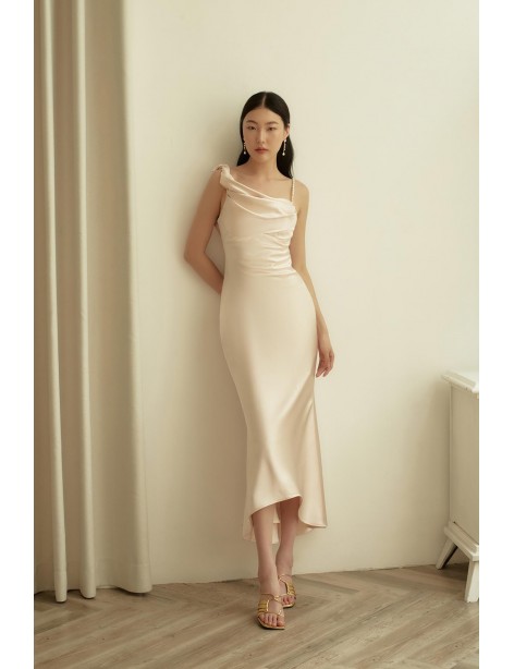 Elegant Asymmetrical Champagne Satin Midi Dress
