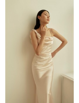 Elegant Asymmetrical Champagne Satin Midi Dress
