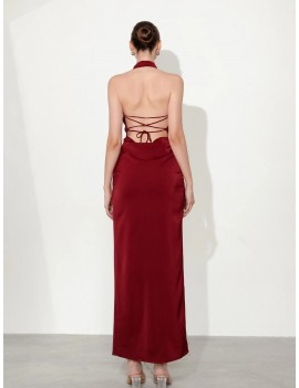Elegant Red Halter Gown with Floral Draping