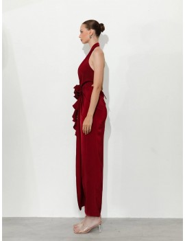 Elegant Red Halter Gown with Floral Draping