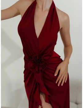 Elegant Red Halter Gown with Floral Draping