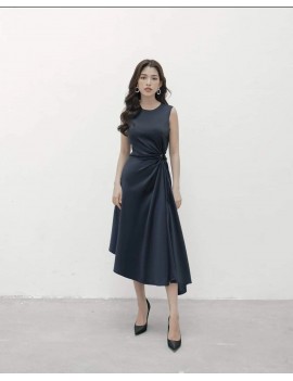 Elegant Navy Side-Draped Satin Midi Dress