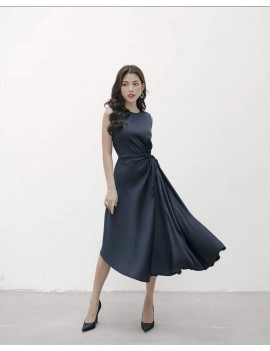 Elegant Navy Side-Draped Satin Midi Dress