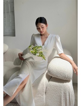 Elegant V-Neck White Satin Midi Dress