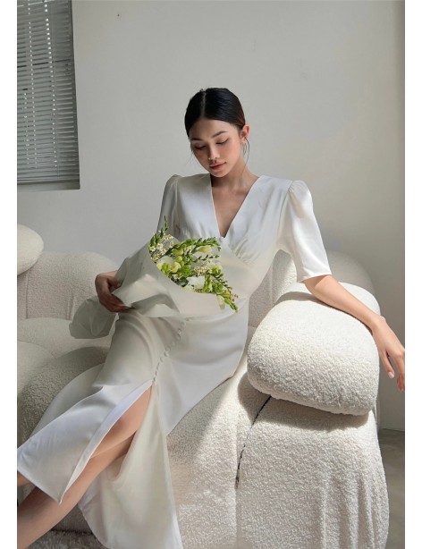 Elegant V-Neck White Satin Midi Dress