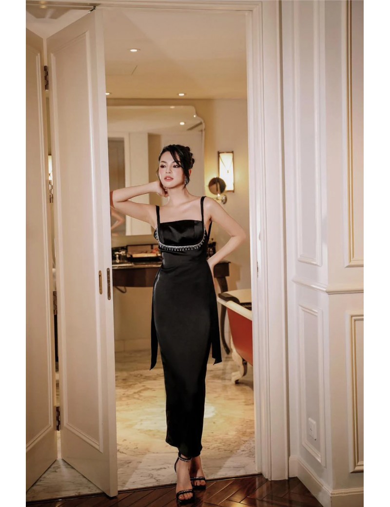 Glam Black Satin Embellished Evening Dress