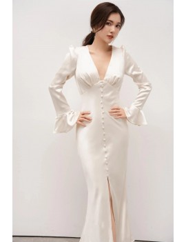 Elegant Ivory Satin Button-Front Gown