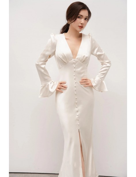 Elegant Ivory Satin Button-Front Gown