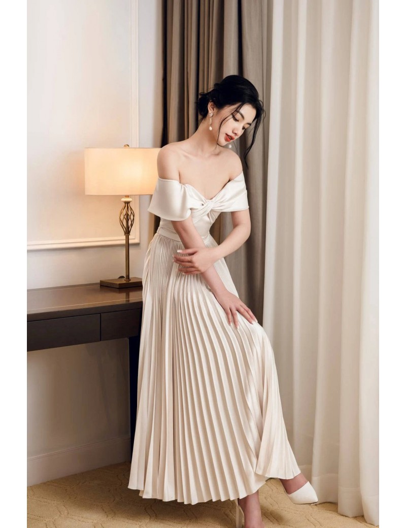 Romantic Off-Shoulder Pleated Ivory Gown