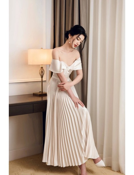 Romantic Off-Shoulder Pleated Ivory Gown