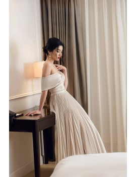 Romantic Off-Shoulder Pleated Ivory Gown
