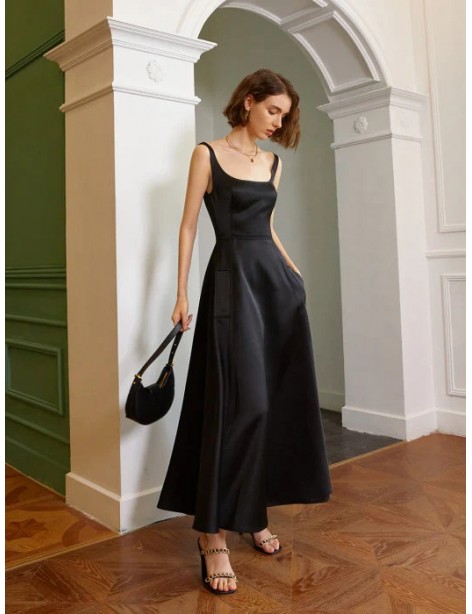 Elegant Square-Neck Black A-Line Dress