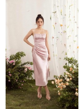 Elegant Blush Satin Ruched Midi Dress