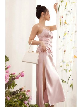 Elegant Blush Satin Ruched Midi Dress