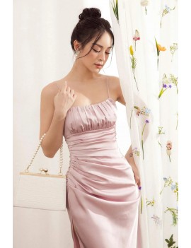 Elegant Blush Satin Ruched Midi Dress